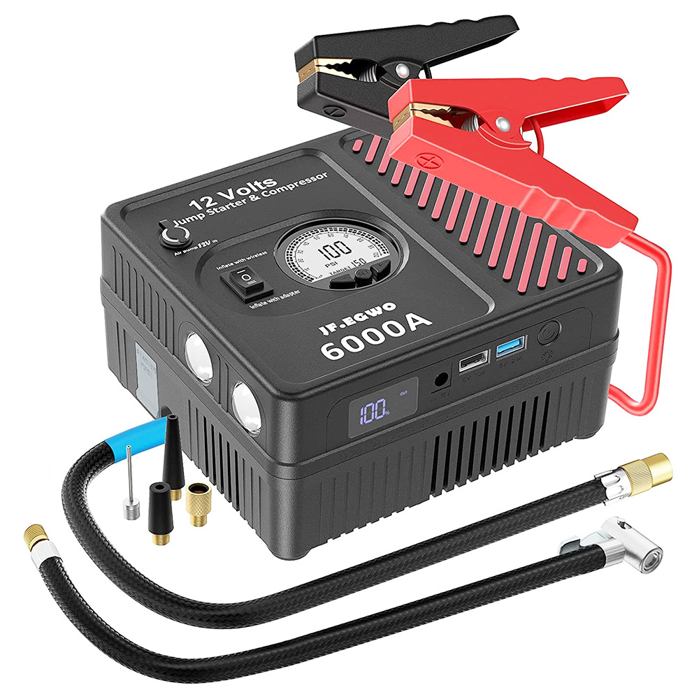 JF.EGWO 6000Amp Car Jump Starter with Air Compressor, 12V Safe Lithium Auto Battery Booster, 150 PSI Air Pump - EU Plug